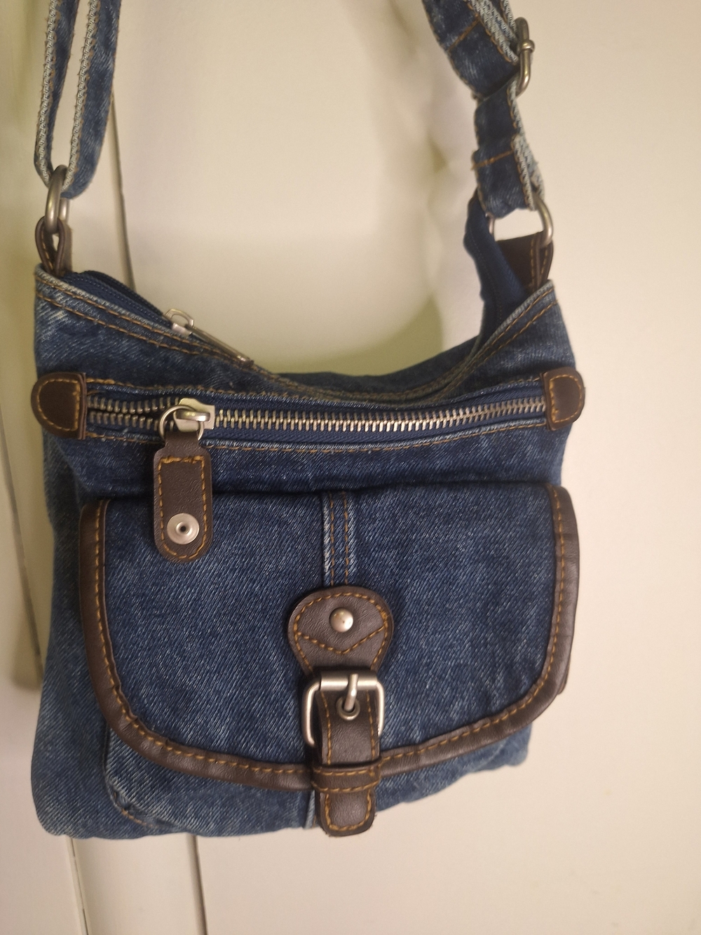 Casual Denim Crossbody Bag with Brown Trim -3 Different Pockets. - Picture 2 of 4